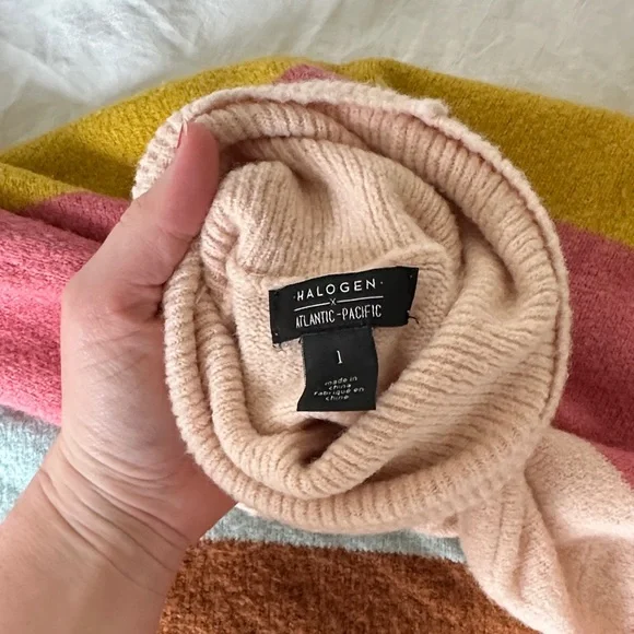 Halogen x Atlantic Pacific Striped Turtleneck Sweater in Pink, Mustard & Teal - Picture 2 of 2